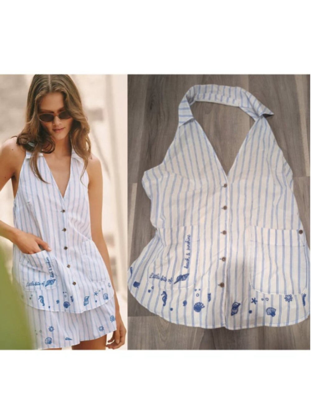Anthropologie Celandine | Cotton Embroidered Shell Vest In Blue Wave Stripe